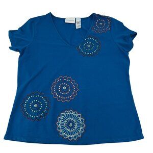 Liz Claiborne Blue V-Neck Short Sleeve Shirt With Embroidered Floral Design Cott
